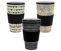 ebos 3er-Set Bambus Coffee-to-Go-Becher | Schraubdeckel, Wollfilz-Griffring, Kaffee-Becher, wiederverwendbar, umweltfreundlich, spülmaschinengeeignet (O.L.E, Gardenparty, Baum d. Lebens Black&Gold)