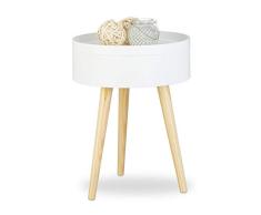 Relaxdays Beistelltisch rund skandinavisches Design, 70er, Nachttisch mit Tablett, Staufach, HxBxT: 50x38x38 cm, weiß