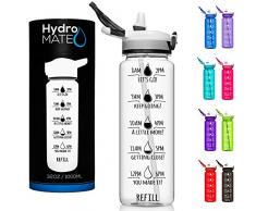 HydroMATE Motivierende Wasserflasche mit Zeitmarkierung, BPA-frei, mit Strohhalm, wiederverwendbar, auslaufsicher, mit Zeitmarkierung für mehr Wasser, farblos