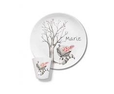 Kindergeschirr mit Name, Namen, Kinderteller Set mit Namen Waschbär mit Blumen Marie Waldtiere, Kindergeschirr, Kinderteller