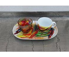 Handbemaltes 3-teiliges Espresso-Set, Porzellanteller, Porzellantasse, Wasserglas, Designteller, abstrakt und expressionistisch