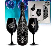 Sekt Geschenk Le Club silber Kristalle und 2 schwarze Champagner Gläser für Geburtstag Weihnachten Geschenkset