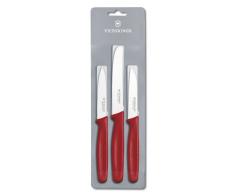 Victorinox Küchen-/Gemüsemesser-Set, 3-tlg., mit Kunststoff Griff, 2 x Wellenschliff, 1 x Gerader Schliff, rot