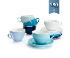 Sweese 402.003 6-teilig Cappuccinotassen Set aus Porzellan, Dickwandige Kaffeetassen mit Untertasse, Blaue Serie, 180 ml