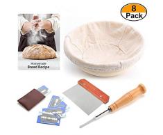 23cm Gärkorb Gärkörbchen Brotkorb Runder Naturrattan Brotschale Für Selbstgemachtes Brot, Mit Teigschaber + Stoffbezug + Aufbewahrungstasche + Metallklinge, Professionelles Backwerkzeug Für Hausbäcker