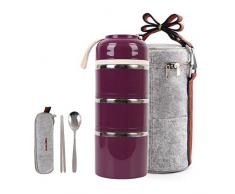 HOMESPON Lunchbox Snackbox mit 3 Unterteilungen Frischhaltedosenset Aufbewahrungsboxen, abbaubar und auslaufsicher, Lange Haltung von Wärme/Kälte, mit Löffel Essstäbchen und wärmehalter Lunchtaschen