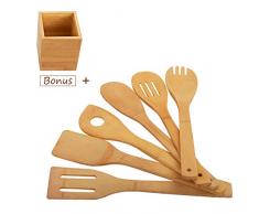 Küchenhelfer Set Pfannenwender Kochlöffel Küchenutensilien Küchenzubehör 6 teilig - Holz kochlöffel Set,aus Bambus Bonus Küchenutensilienhalter