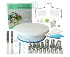 Wenburg Tortenplatte Drehbar Spritztüllen/Tortendeko Set mit viel Zubehör. 51tlg. Set mit Drehteller/Tortenständer 28 cm weiß/blau