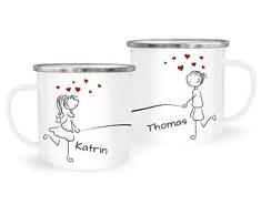 SpecialMe® Emaille-Tasse mit Namen Liebes-Paar Strichmännchen Motiv personalisierbar Liebesgeschenke Valentinstag Weihnachten (1 Tasse) Variante 3 weiß-metall Emailletasse