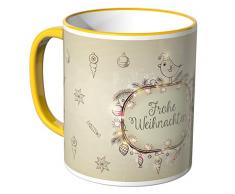 Wandkings® Tasse, Schriftzug: Frohe Weihnachten mit vielen kleinen Weihnachtsmotiven - GELB