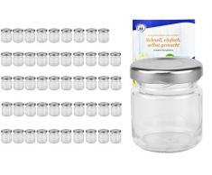 MamboCat 50er Set Rundgläser 53 ml Deckelfarbe Silber to 43 inkl. Diamant Gelierzauber Rezeptheft, Einmachgläser, Einkochgläser, Vorratsgläser, Mini Sturzgläser, Obstgläser, Portionsgläser, Gläser