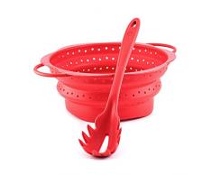 Kochblume Spaghetti Set | Pastalöffel mit faltbarem Sieb aus Silikon (rot)