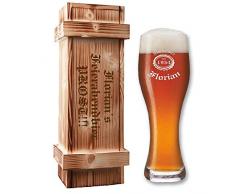 Leonardo Weizenglas mit Gravur im Geschenk-Set | verpackt in geflammter Holzkiste | Weizenbierglas graviert | Personalisierte Geschenkidee (B3)