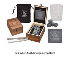 WOMA 4 Whisky Steine mit 1 Whiskey Glas, Zange, Untersetzer & Holz Geschenkbox - Whiskeysteine Geschenkset aus natürlichem Basalt - Eiswürfel Wiederverwendbar