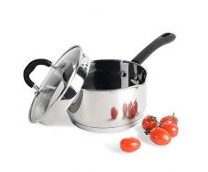 ProCook Gourmet Steel Stielkasserolle - 16 cm - 1,7 l - mit Deckel - Induktion - Edelstahl - mit Abgießdeckel aus Glas und Schüttrand - Stay-Cool Silikongriff - Induktionskochtopf