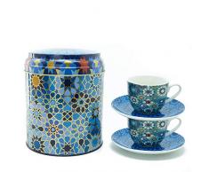 IMAGES DORIENT Geschenkset 2 in 1 Metalldosen mit 2 x 90ml Porcalain Espressotassen Espressobecher Moccatassen je mit einem Unterteller bunt orientalisch Gemustert