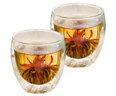 AKTION: 2er-Set 400ml Thermo-Glas mit 2 Teeblumen DOPPELWANDIG ICE-BLOOM XXL extra großes Teeglas / Kaffeeglas mit Schwebeeffekt in Geschenkkartons