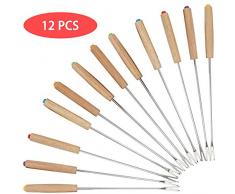 HAPPY FINDING Edelstahl Grillgabel Fondue Gabel - 12 Stück Set Fonduegabeln mit Griff aus Holz, Fonduebesteck aus Edelstahl, Fonduespieße 24 cm Länge
