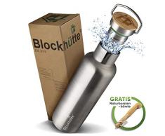 Blockhütte® Premium Edelstahl Trinkflasche isoliert mit [GRATIS Bürste] - Die Innovative Isolierflasche ist auslaufsicher. - Die Edelstahl Trinkflasche ist für Kinder & Erwachsene (750 ml)