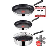 Tefal E85715 Jamie Oliver Pfannenset 3-tlg, 20 + 26cm Pfanne, 25cm Schmorpfanne + Glasdeckel, Pfannen auch Induktionsherd geeignet, mit Antihaftbeschichtung, Edelstahl Bratpfannen + 3 Pfannenschoner