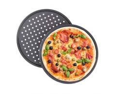 Relaxdays Pizzablech, 2er Set, rund, gelocht, antihaft, Pizza & Flammkuchen, Carbonstahl, Knusperblech, ∅ 32 cm, grau