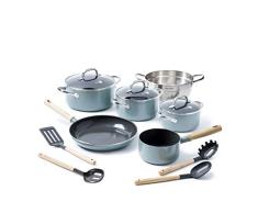 10 tlg Kochtopf & Bratpfannen-Set 4 Kochtöpfe 18, 20, 24-cm inkl Glas-Deckel + Topf 16-cm, Brat-Pfanne 28-cm Ø inklusive Nudel-Sieb Pfannenwender, Schöpflöffel, Pastalöffel und Teiglöffel