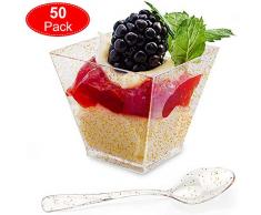 Aitsite 50 Stück 2 OZ / 60ml Desserttassen aus Kunststoff mit 50 Stück Goldene Glitzer Suppenlöffel, Dessertbecher Dessertschalen Kunststoff Dessertgläser Plastik für Mousse Chocolate Custard Pudding