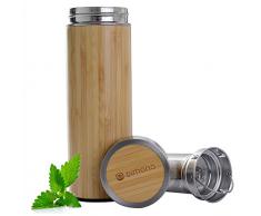 Dimono Bambus Thermobecher Reisebecher - Tee to go Teamaker doppelwandiger Thermosbecher mit Teesieb Thermoflasche aus Edelstahl, 400ml