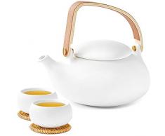 ZENS Teeservice Porzellan mit Teekanne, Chinesisch Keramik Teapot mit Sieb für Losen Tee, 800ml Matt Weiß Japanische kanne und 2 Tasse Set mit Modern Bugholz Griff & Rattan-Untersetzer