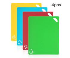 Vicloon Schneidebrett, 4-er Set Farbe Kunststoff-Schneidebrett mit Lebensmittel-Icons & Easy-Grip-Griffe, Antibakteriell, rutschfest, Spülmaschinenfestes, für Fisch/Gemüse/Obst/Fleisch/Brot