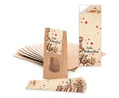 10 braune Geschenktüten mit Fenster und Pergamineinlage (7 x 4 x 20,5 cm) und 10 Aufkleber Sticker Frohe Weihnachten mit Plätzchen zum liebenvollen Verpacken von Gebäck Pralinen Tee und kleinen Geschenken; 1a Qualität!
