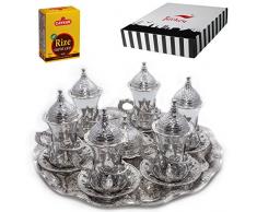 Türkische Teegläser Set Untertassen Halter Löffel verziert (Silber) (Halkali)