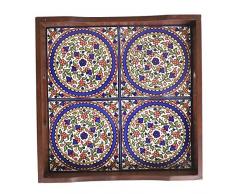 Casa Moro Orientalisches Serviertablett Karim L10 32x32x5 cm (B/T/H) quadratisch aus Echtholz & handbemalten Fliesen Griffen | Holz-Tablett für Deko Frühstück Küche Service | T1110