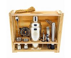 DIIBRA Cocktail-Wizard 2.0 – 700 ml Cocktailshaker - Geschenk für Männer - 16-teiliges Bar Werkzeug Set mit rustikalem Holzständer
