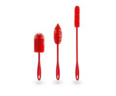 Kochblume Silikonbürsten 3er Set mit Wechselköpfen in der pinken Box + Zipptasche | Flaschenbürste, Spülbürste, Antibakteriell, Keimfrei (rot)