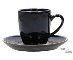 2 teiliges Set CONCERTO NERO Espressotasse mit Untertasse Schwarz Espresso Tasse italienisch Steinzeug mediterraner Italien Retro Stil (1 Set bestehend aus einer Tasse und einer Untertasse)