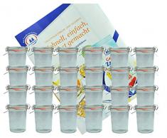 MamboCat 24er Set Weckgläser 160 ml Sturzglas mit Deckel Einkochring Klammern I Original Weck Sturzgläser I Einweckgläser für Kuchen Gelees UVM I inkl. Diamant-Zucker Gelierzauber Rezeptheft