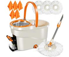 MASTERTOP Wischer Set Schleuder mit 4 Moppköpfen und 5 Tücher, Putzeimer mit Wischmop, Bodenwischer Easywring Spin Mop für Boden Reinigung (Orange und Weiß)