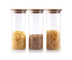 T4U 1000ml Glasbehälter Φ8cm Vorratdosen Vorratsglas aus Borosilikatglas mit Bambus-Deckel, geeignet für Lebensmittel, 3er Set