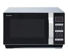 Sharp R760S 2-in-1 Flatbed Mikrowelle mit Grill / 23 L / 900 W / 1000 W Grill / 8 Automatikprogramme / LCD-Display / Timer / Gewicht- und zeitgesteuertes Auftauen / Kindersicherung / silber/schwarz