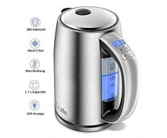 Wasserkocher Elektrischer Wasserkessel Edelstahl 2200W 1,7L mit LCD Farbwechsel und Temperatureinstellung Alarm/Warmhaltefunktion