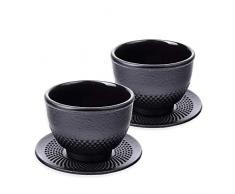 Schramm® 2 Stück Gusseisen Teetassen mit Untertassen Noppenstruktur asiatisch Tee Tassen Becher