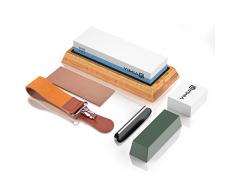 Abziehstein Schleifstein Set, YIMIA Wetzstein mit 1000/6000 Körnung, Gummi-Steinhalter + Bambus Basis + Messer-Halter + Läppstein + 2 Packung Leder + Poliermasse