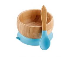 WYBD.Y Hochwertiger Babynahrungszusatz Teller Silikonlöffel Set Bio Bambusgürtel Silikon Sauger Kinderschale (Farbe: Blau)