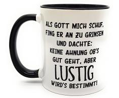 Kilala Kaffeetasse mit lustigem Spruch Als Gott mich schuf, Kaffeebecher inkl. Geschenkverpackung, Weiß mit Schwarz