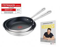 Tefal E011S2.VEG Special Edition Jamie Oliver Brushed Pfannenset, 2-teilig, bestehend aus Pfanne 24 cm (E85604) und Pfanne 28 cm (E85606), inkl. exklusivem Jamie Oliver Veggie Rezeptheft, Edelstahl