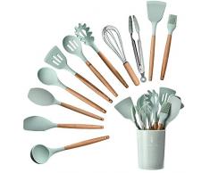 HENSHOW Küchenhelfer Set Silikon, 12-teilig Küchenutensilien Mit Utensilienhalter - Antihaft-Anti-Kratz-Kochgeschirr Küchenhelfer mit Holzgriff (Grüne Farbe)