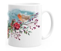 Kaffee-Tasse Vogel Rotkehlchen Blumen Misteln Watercolor Bird Weihnachten Christmas Autiga® weiß unisize