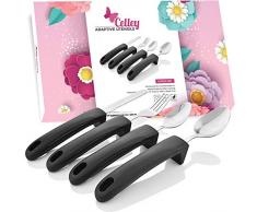 Celley Adaptive Essutensilien für Parkinson, Arthritis, Senioren, Handikappen, 4 Stück, leicht zu greifende Besteck, Edelstahlmesser, Gabel, 2 Löffel – (schwarz)