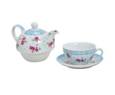 Tea for one Set 3-teilig Porzellan Teekanne mit Tasse und Untertasse mit Rosen und Blumen Motiv (Blau)